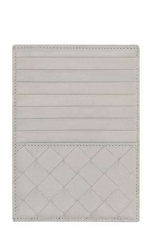 Grey Intrecciato Pattern Leather Passport Holder with Zippered Coin Purse and Card Slots