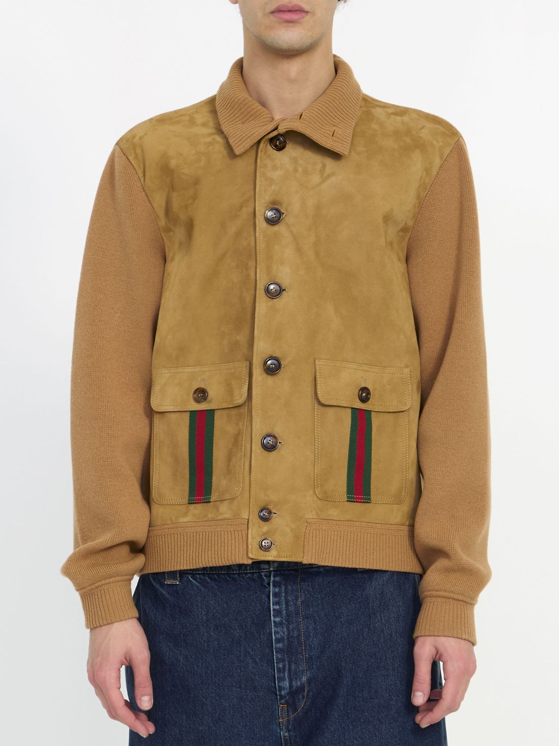 Men's Camel Suede Bomber Jacket with Wool Details and Green/Red Accents - Tan