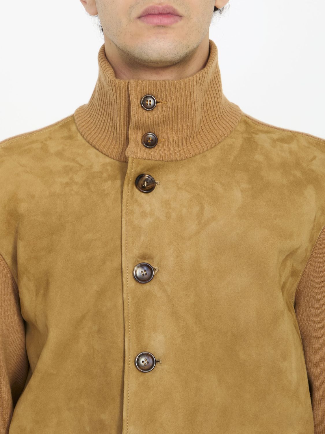 Men's Camel Suede Bomber Jacket with Wool Details and Green/Red Accents - Tan