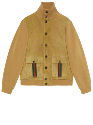 GUCCI Men's Suede Bomber Jacket with Wool Details and Green/Red Accents - Tan