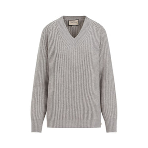 GUCCI Grey Ribbed Wool-Cashmere Sweater for Women