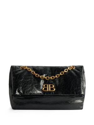 BALENCIAGA Elegant Small Black Leather Shoulder Bag with Gold-Tone Hardware and Sliding Chain Strap (11”x7”x4”)