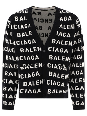 BALENCIAGA Men's Black and White Wool Blend V-Neck Cardigan | Sustainable Fashion