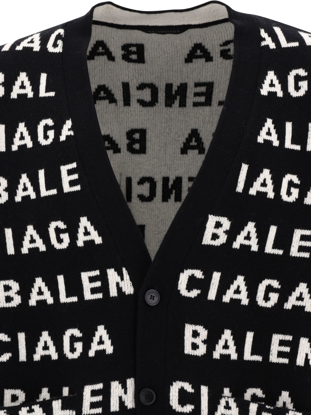 BALENCIAGA Men's Black and White Wool Blend V-Neck Cardigan | Sustainable Fashion