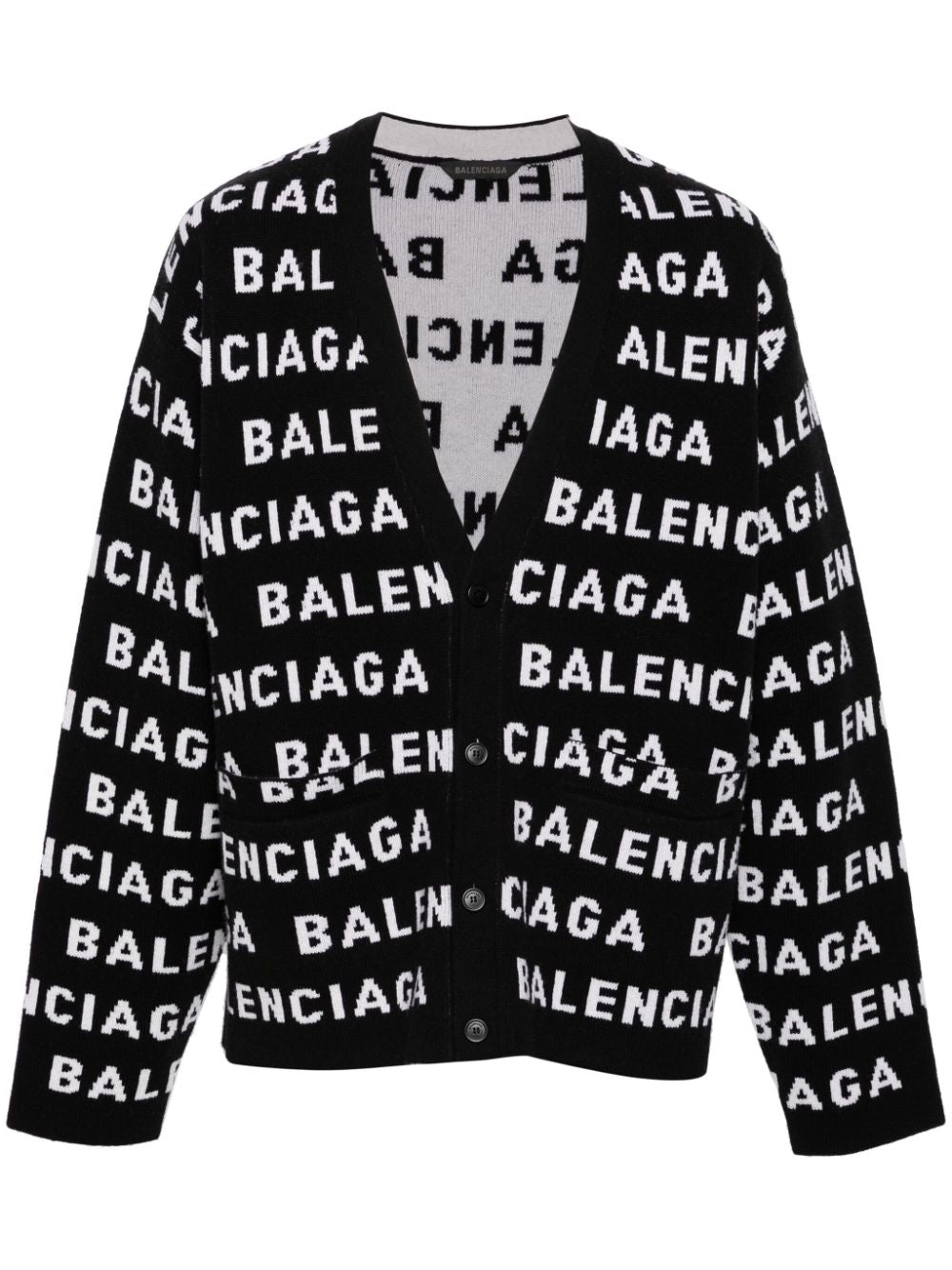 BALENCIAGA Men's Black and White Wool Blend V-Neck Cardigan | Sustainable Fashion