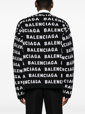 BALENCIAGA Men's Black and White Wool Blend V-Neck Cardigan | Sustainable Fashion