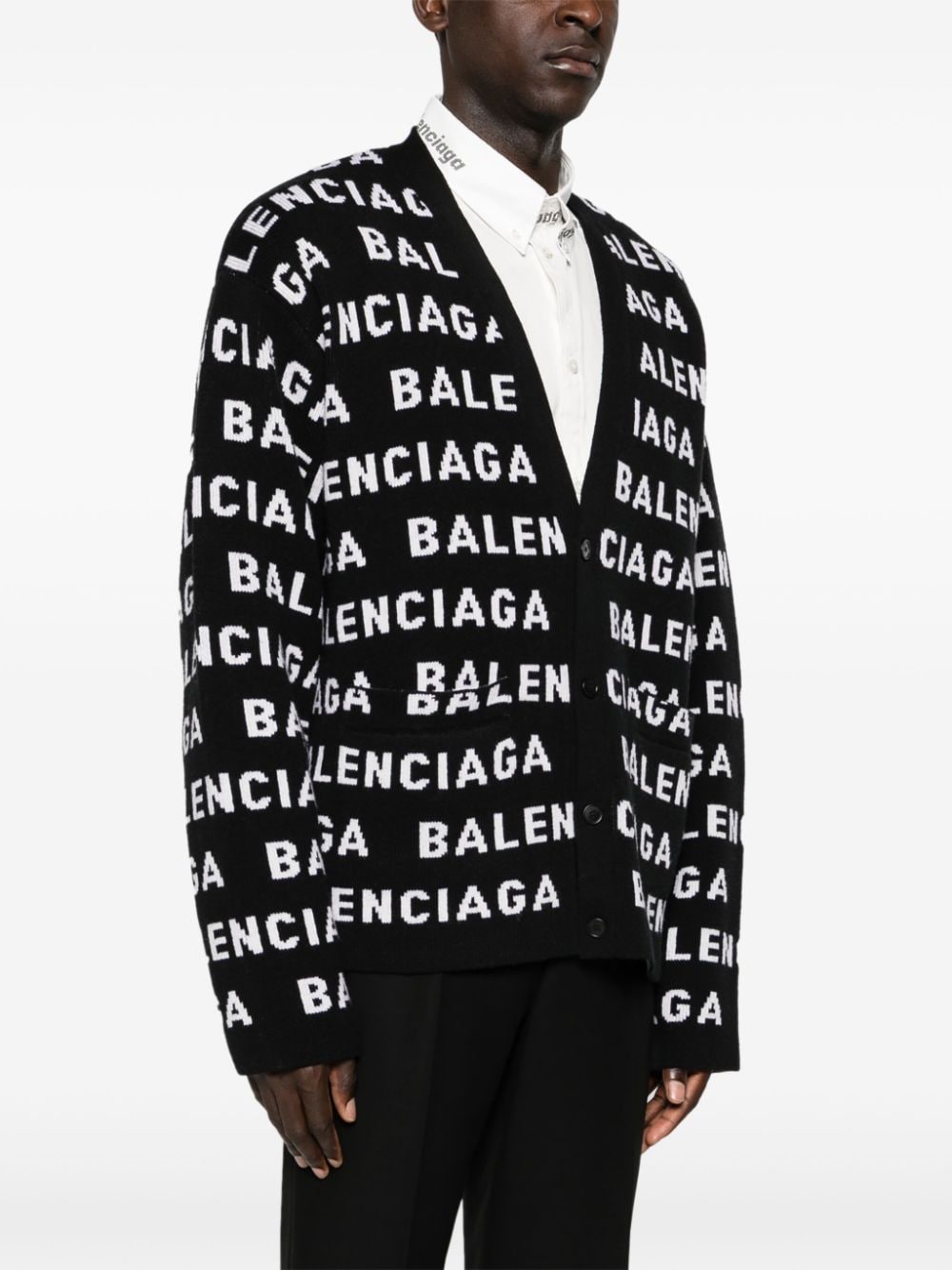 BALENCIAGA Men's Black and White Wool Blend V-Neck Cardigan | Sustainable Fashion