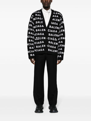 BALENCIAGA Men's Black and White Wool Blend V-Neck Cardigan | Sustainable Fashion