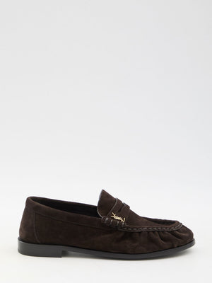 SAINT LAURENT Luxury Suede Loafers with Gold Accent