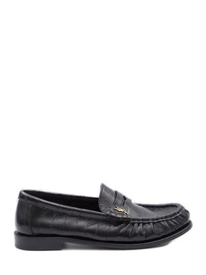 SAINT LAURENT Worn-out Effect Black Leather Loafers for Women with Gold-Tone YSL Monogram