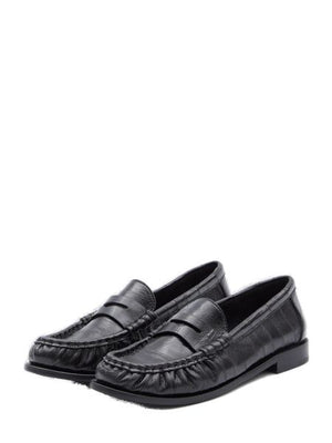 SAINT LAURENT Worn-out Effect Black Leather Loafers for Women with Gold-Tone YSL Monogram