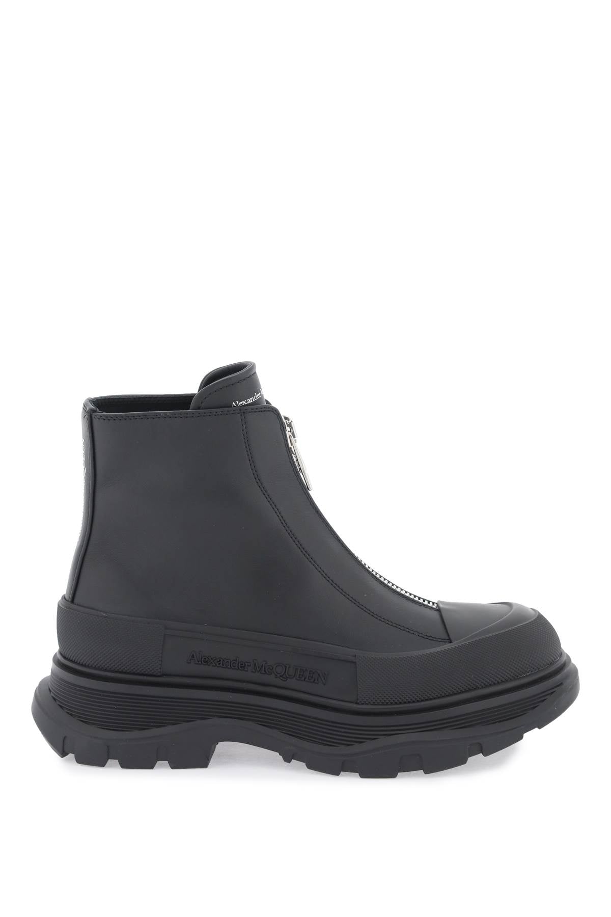 Black Leather Zip Ankle Boots with Front Zipper and Logo Detail