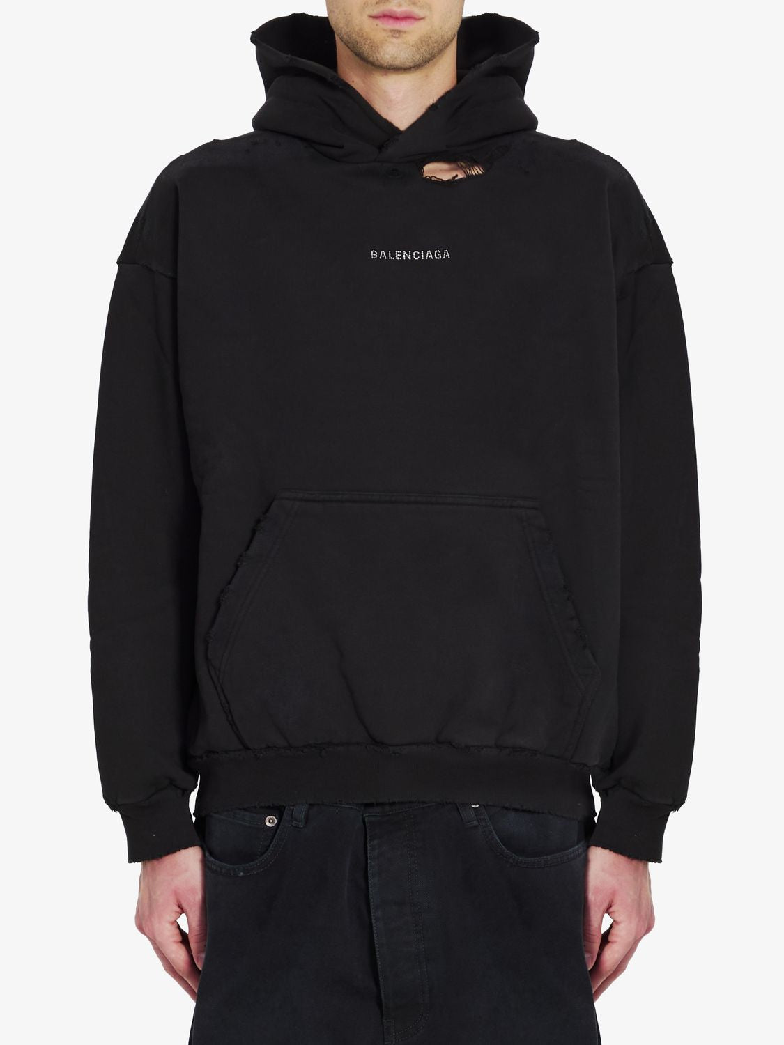 BALENCIAGA Rhinestone Logo Cotton Hoodie