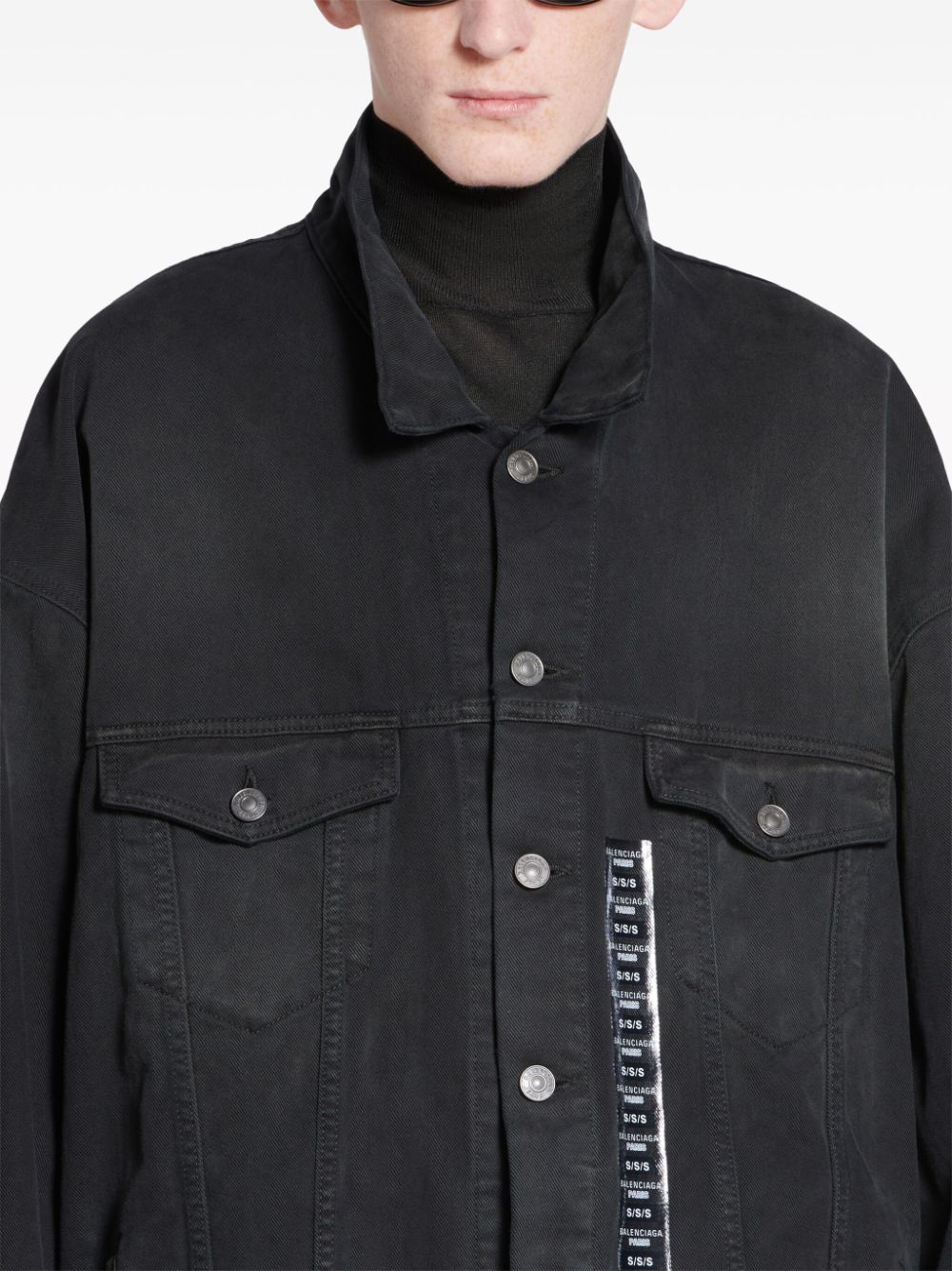 BALENCIAGA Bleached Black Denim Jacket with Applique Logo Detail