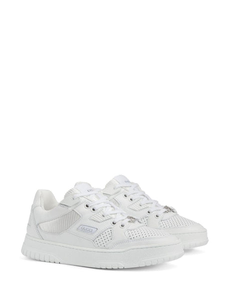 GUCCI White Leather Sneakers with Perforated Details and Interlocking G Lace-Up Closure