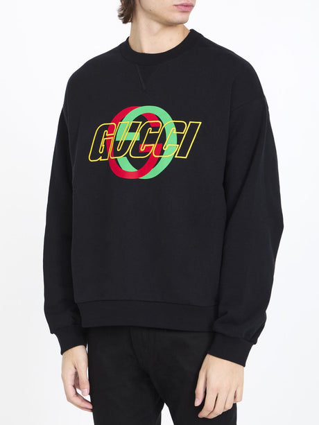 Men's Black Cotton Crewneck Sweatshirt with GG Print and V-Stitching