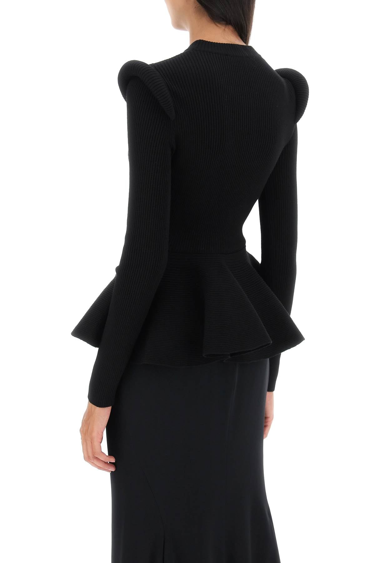 ALEXANDER MCQUEEN Black Ribbed Peplum Sweater for Women