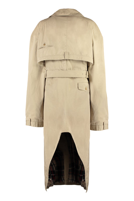 レディースベージュコットンキャンバストレンチコート、非対称の裾とベルトで大人気