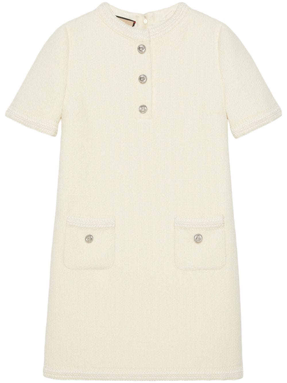 GUCCI White Wool Tweed Dress for Women - Short-Sleeved, Signature Logo Buckle and Pockets