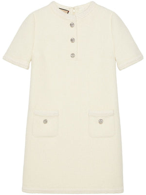 GUCCI White Wool Tweed Dress for Women - Short-Sleeved, Signature Logo Buckle and Pockets