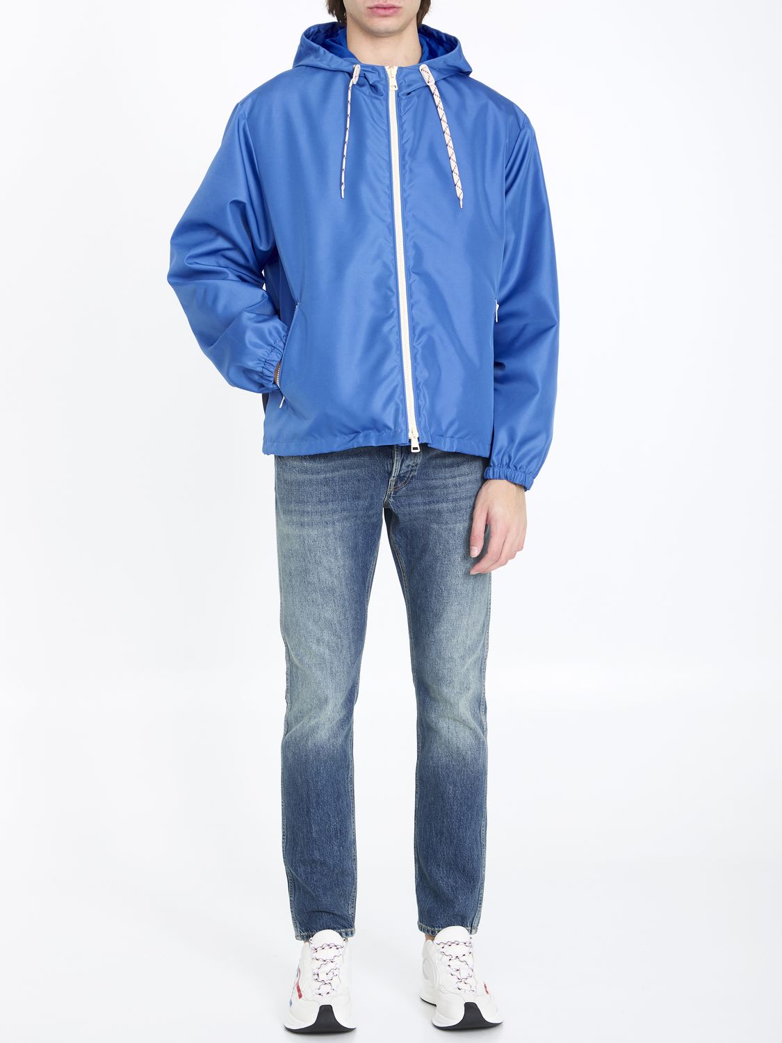 Blue Nylon Jacket with Web and Gucci 1921 Details for Men