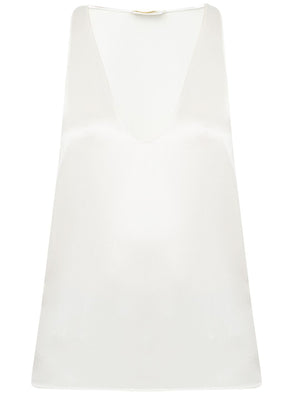 SAINT LAURENT Cream Raffia Linen V-Neck Top with Sleeveless Design and Fine Craftsmanship Detailing for Women