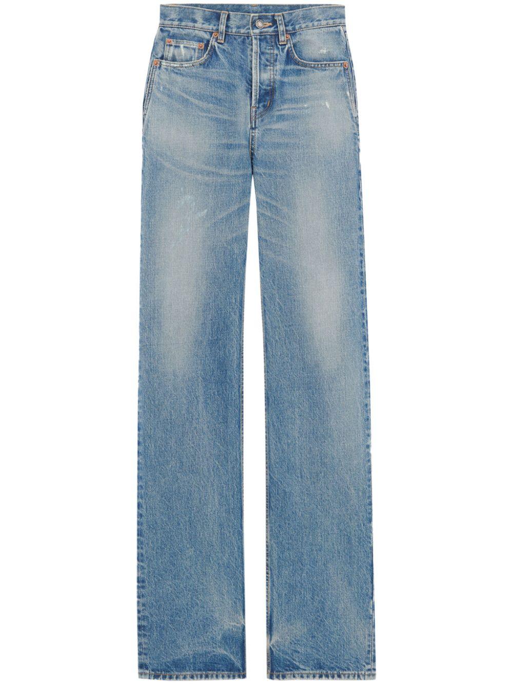 SAINT LAURENT Straight-Leg Navy Jeans in Washed-Out Denim with Distressed Details for Women