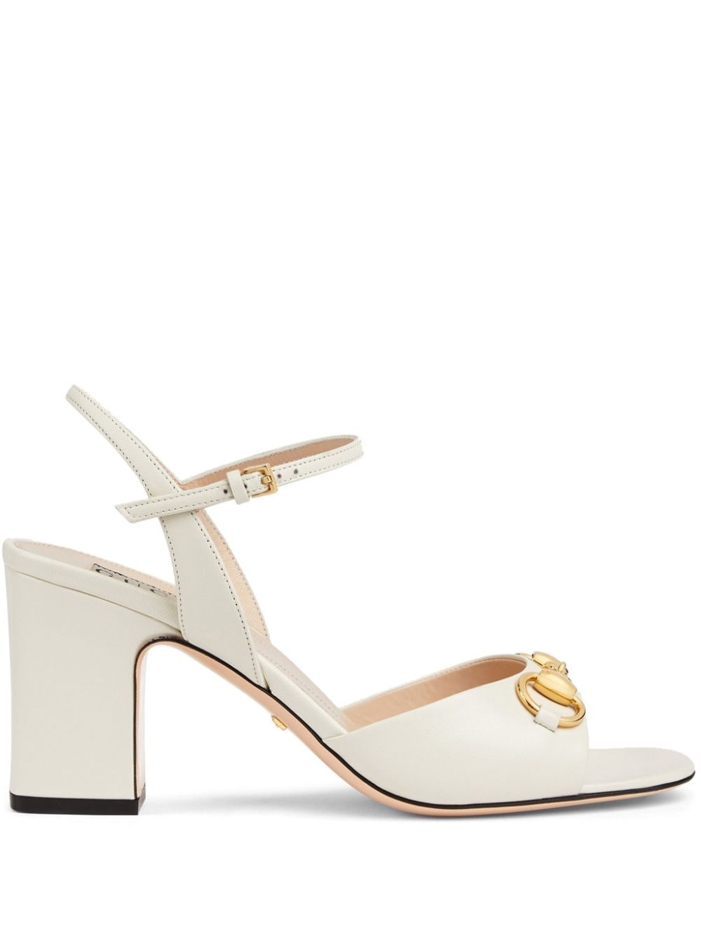 GUCCI White Leather Horsebit Heel Sandals - Open Toe Ankle Strap Mid Block Heels for Women (SS24)
