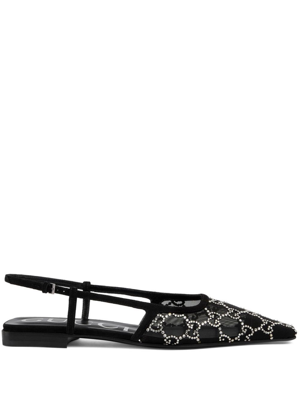 Gucci Black Leather Crystal Embellished Pointed Toe Slingback Flats