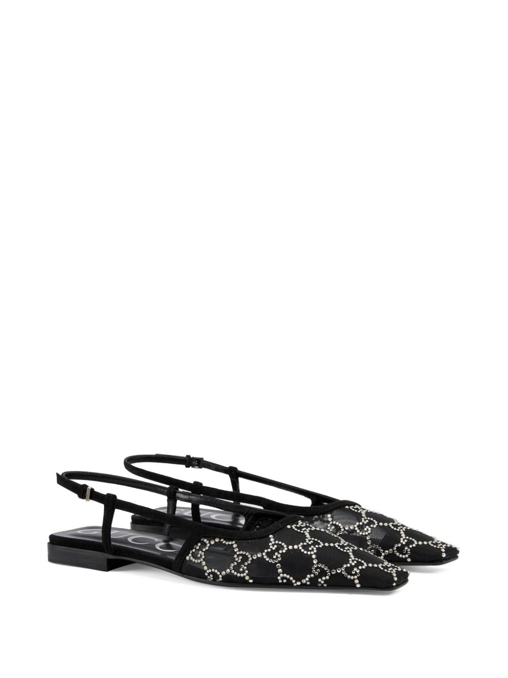 Gucci Black Leather Crystal Embellished Pointed Toe Slingback Flats