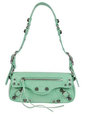 Green Leather Shoulder Handbag with Magnetic Closure and Metal Details