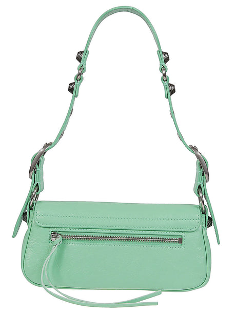 Green Leather Shoulder Handbag with Magnetic Closure and Metal Details