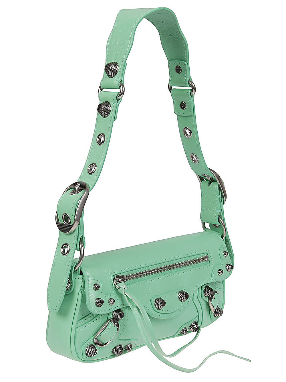 Green Leather Shoulder Handbag with Magnetic Closure and Metal Details