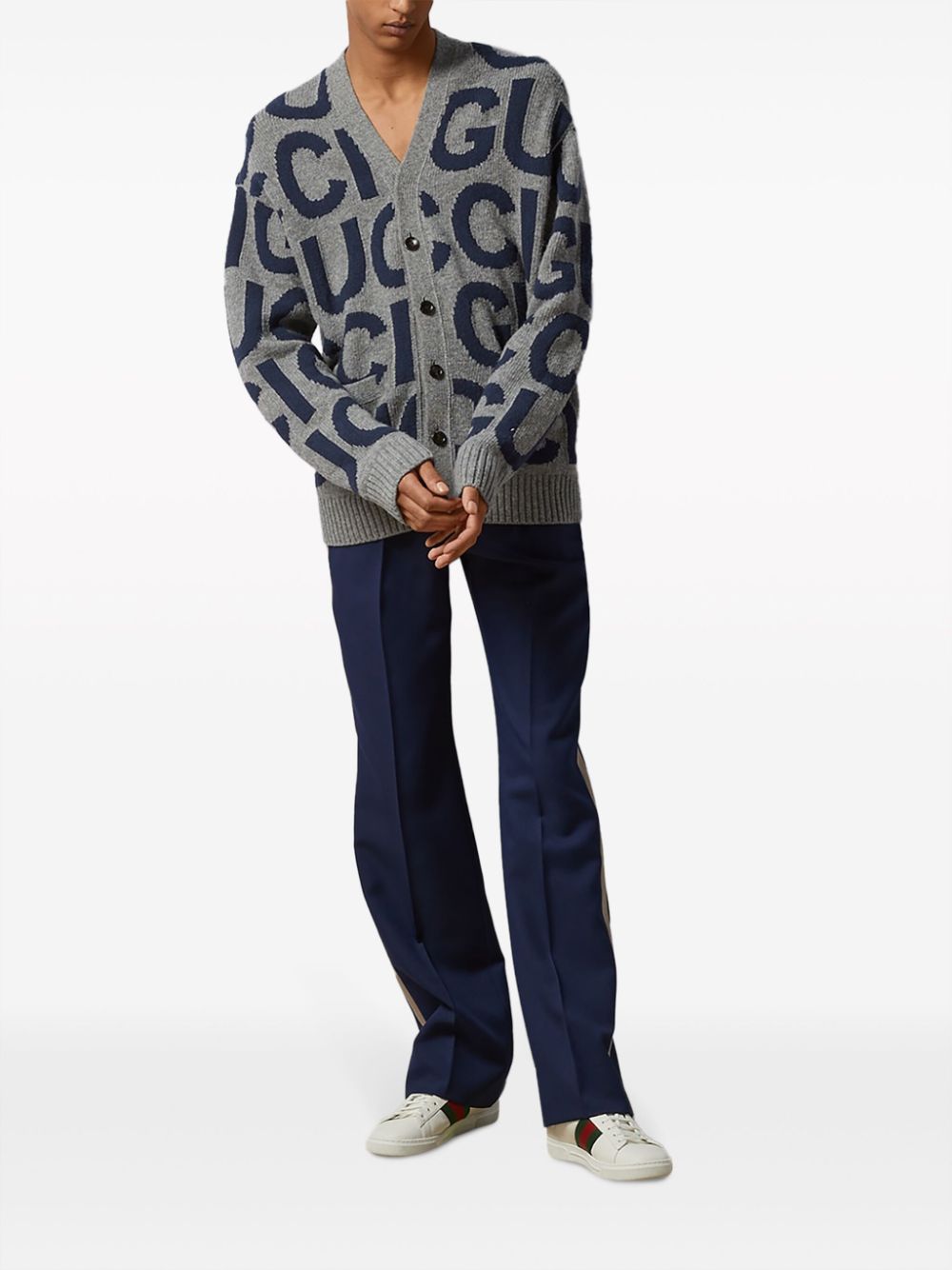 GUCCI Luxury Wool V-Neck Cardigan with Logo Intarsia