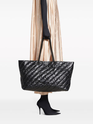 Quilted Leather Tote with Metallic Turn-Lock Closure and Chain Handles