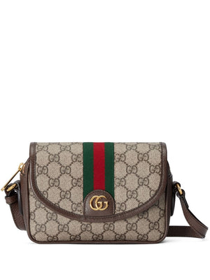 GUCCI Mini Canvas Shoulder Bag with Green and Red Web, Tan Leather Trims & Gold-Tone Accents, 19x13x5cm