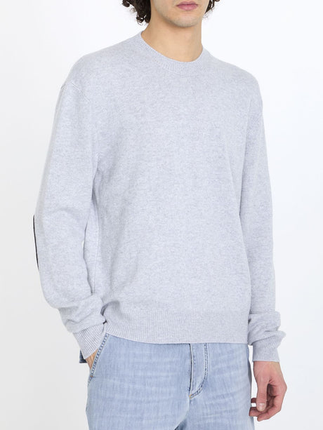 BOTTEGA VENETA Men's Cashmere Crewneck Jumper in Grey with Leather Patches and Intricate Elbow Design