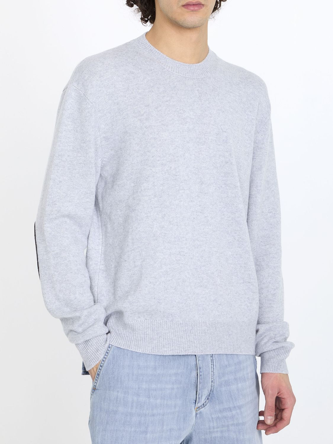 BOTTEGA VENETA Grey Crew-Neck Cashmere Sweater with Leather Details and Ribbed Knit Edges for Men