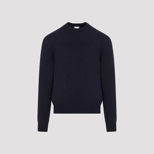 Men's Blue Cashmere Sweater with Elbow Patches and Ribbed Knit Edges