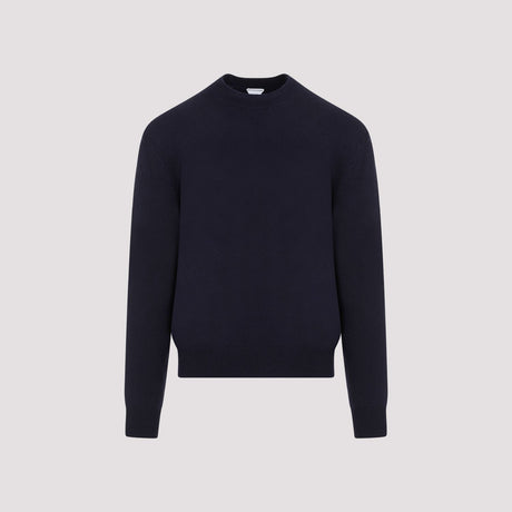 Men's Blue Cashmere Sweater with Elbow Patches and Ribbed Knit Edges