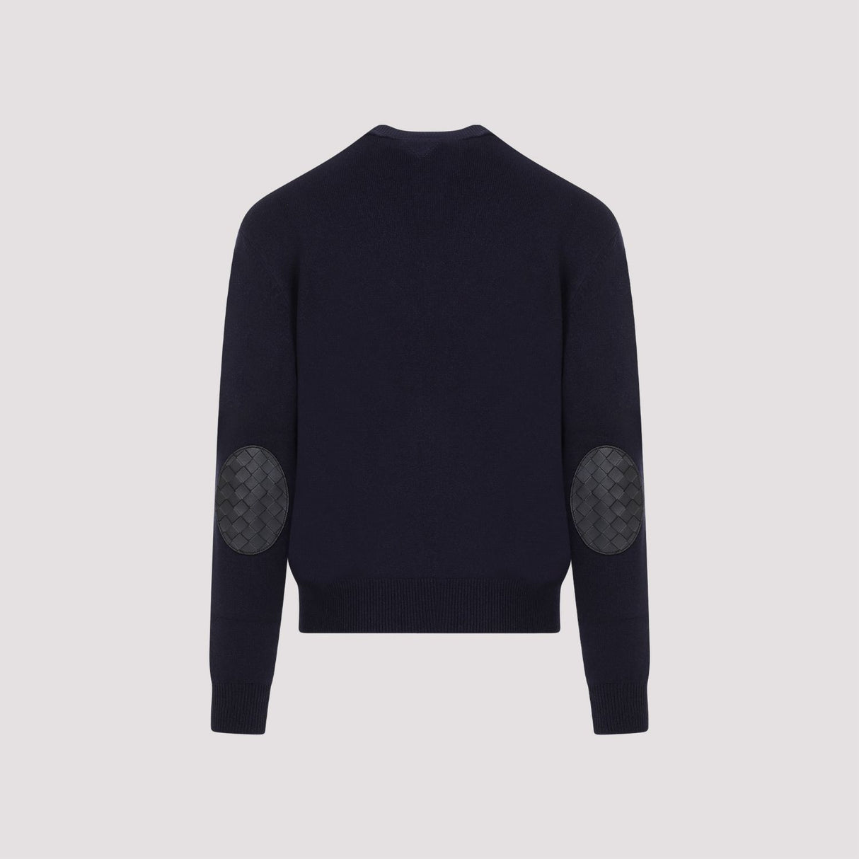 Men's Blue Cashmere Sweater with Elbow Patches and Ribbed Knit Edges