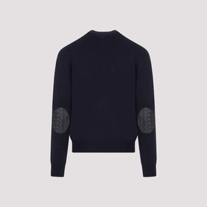 BOTTEGA VENETA Navy Crew-Neck Cashmere Sweater with Elbow Patches and Ribbed Knit Edges for Men