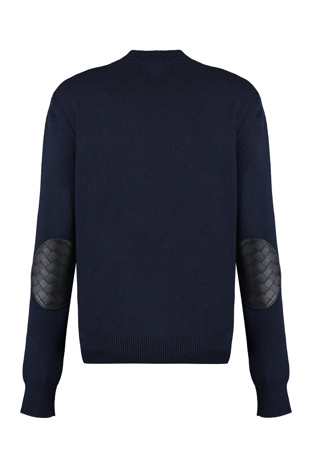 Blue Cashmere Sweater with Leather Elbow Patches and Ribbed Edges