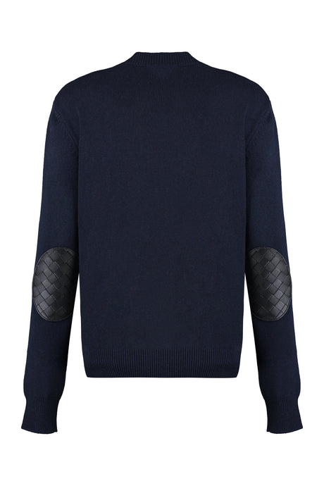 Blue Cashmere Sweater with Leather Elbow Patches and Ribbed Edges