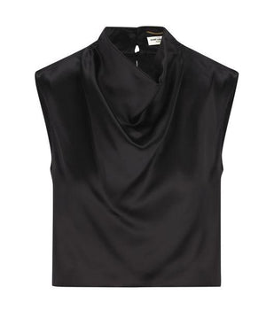قميص قصير من الستان الأسود بتصميم رقبة مغطاة للنساء