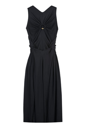 فستان تي شيرت أسود مع ظهر مفتوح وجوانب مجمعة للنساء