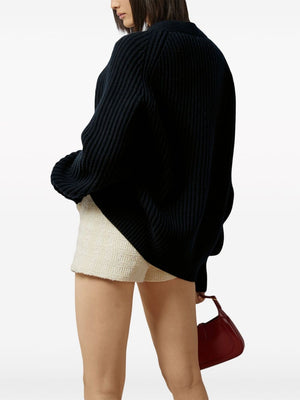 Navy Blue Ribbed Wool and Cashmere Cardigan for Women