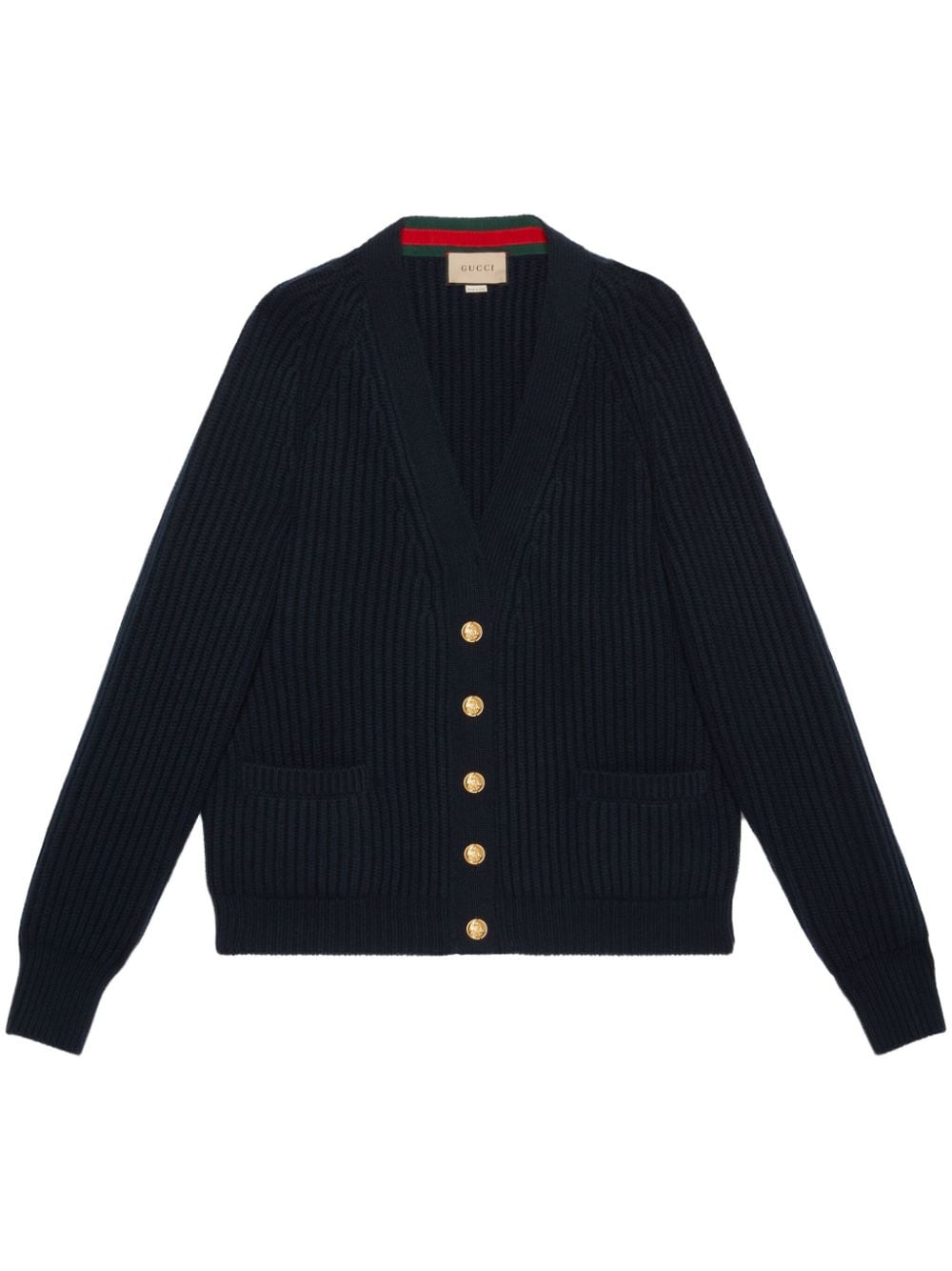 Navy Blue Ribbed Wool and Cashmere Cardigan for Women