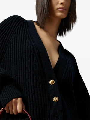 GUCCI Navy Blue Ribbed Wool and Cashmere Cardigan for Women