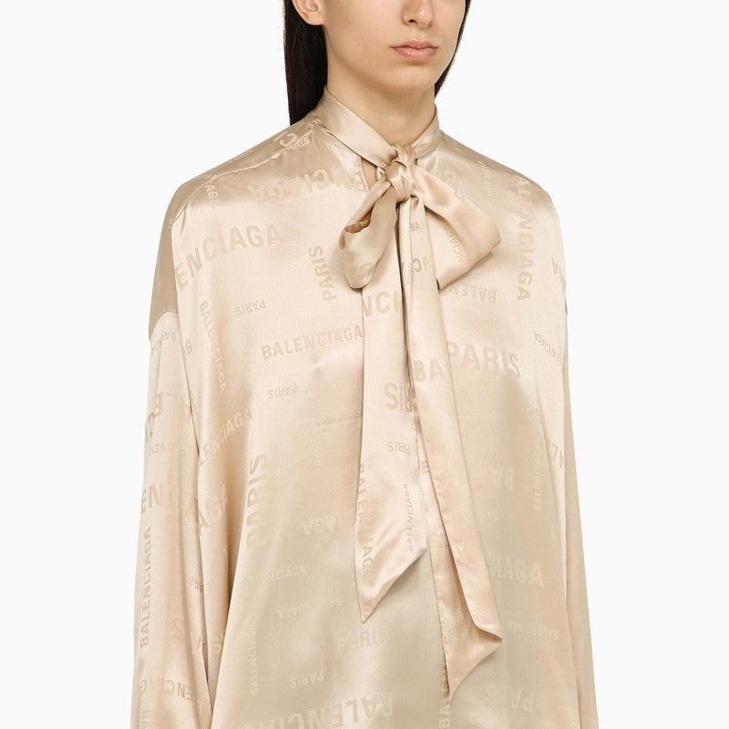 BALENCIAGA Champagne-Coloured Silk Women's Shirt with Bow for SS24